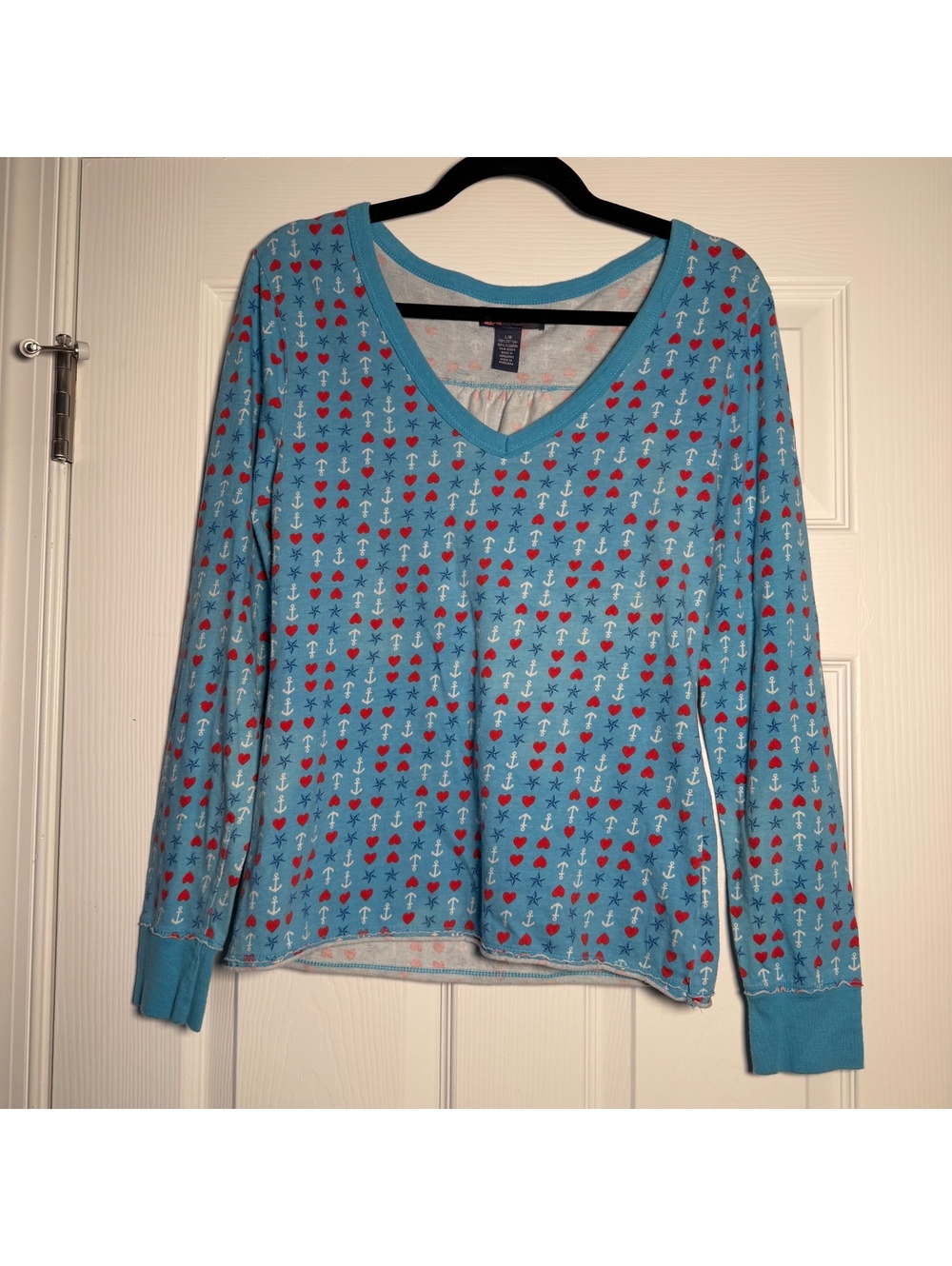 Patriotic Coastal Nautical Anchor Heart Star Print Cotton Long Sleeve V Neck Top